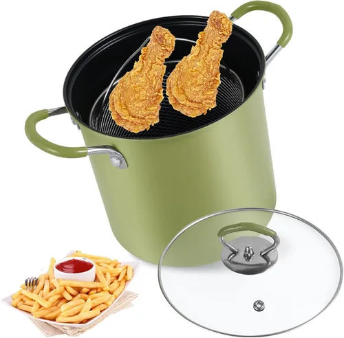 Vista 8 de UKQRRTC Olla para freír con cesta coladora, sartén de acero inoxidable, resistente al calor, mini freidora de aceite, recipiente de aceite