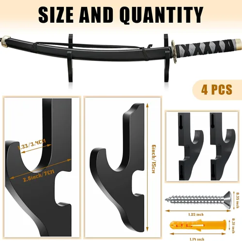 Vista 2 de Yookeer Soporte de pared ajustable para espada, 4 piezas, soporte de madera para armas de artes marciales, soporte para armas samurái, montaje