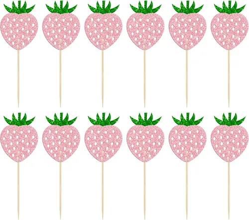 Vista 3 de Paquete de 24 adornos para cupcakes de fresa con purpurina para cumpleaños, fresa, cupcakes, frutas, baby shower, niños, cumpleaños, verano, bayas