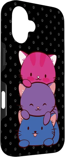 Vista 3 de Funda para iPhone 16 Bisexual Pride Kawaii Kitty Cat Stack Anime