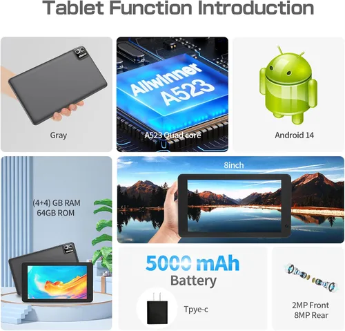 Vista 3 de Tabletas Android 14 de 8 pulgadas, Tablet PC de cuatro núcleos, 8 GB de RAM+64 GB ROM 512 GB expandir, batería de 5000 mAh, cámaras duales de 2+8