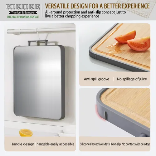 Vista 3 de Tabla de cortar de titanio, tabla de cortar de bambú de doble cara para cocina de grado alimenticio de doble cara, tablas de cortar de titanio puro