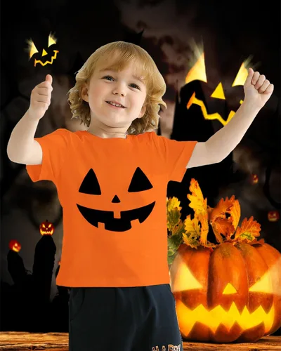 Vista 3 de CM-Kid Camisa de Halloween para niños pequeños, niñas, calabaza, fantasma, dinosaurio, camiseta de manga corta para niños, camisetas de algodón de 2