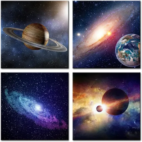 Vista 8 de Wieco Art Lienzo Giclée para pared, imágenes espaciales para dormitorio, decoración del hogar, poder mágico universal, moderno, 4 paneles