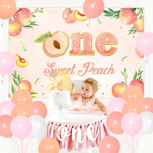 Vista 2 de Decoración de cumpleaños de durazno dulce para el primer cumpleaños, decoración para niñas, un dulce melocotón, telón de fondo para primera silla