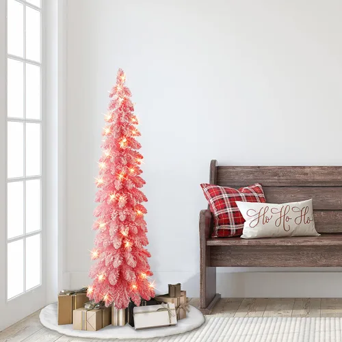 Vista 3 de Puleo International - Árbol de lápiz alpino flocado rosa preiluminado de 4 pies