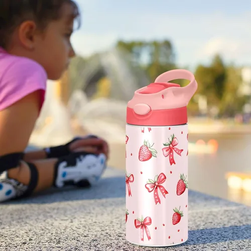 Vista 6 de Botellas de agua aisladas con popote para niños y escuelas, diseño de fresa, de acero inoxidable, rosa, de doble pared, mantiene el calor y el frío