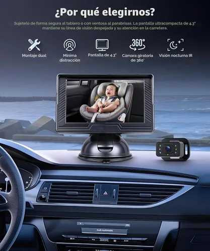 Vista 2 de Cámara de coche de bebé para asiento trasero HD con visión nocturna, ángulo de visión ajustable, fácil instalación, cámara giratoria de 360°