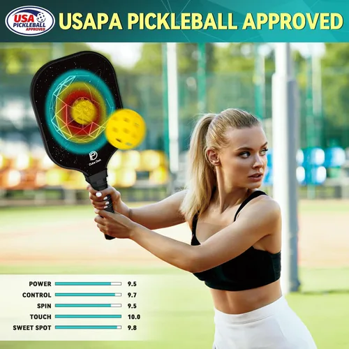 Vista 3 de Dulce DOM Juego de 2/4 palas de pickleball aprobadas por USAPA, 4 bolas de pickleball para interiores y exteriores, raqueta de superficie de fibra