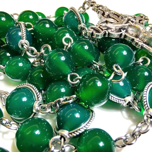 Vista 3 de Rosario Cuentas Chaplet Rojo Verde Ágata Natural Rosería Regalos Católicos