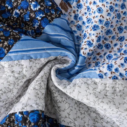 Vista 8 de Juego de cama de dos piezas, tamaño individual, de microfibra, reversible, de retazos, estilo floral, todas las estaciones, patrón de porcelana azul