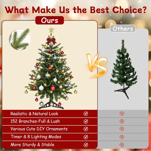 Vista 2 de Uspring Árbol de Navidad pequeño de 3 pies con luces, árbol de Navidad artificial de mesa con 50 luces LED y adornos colgantes de bricolaje, mini