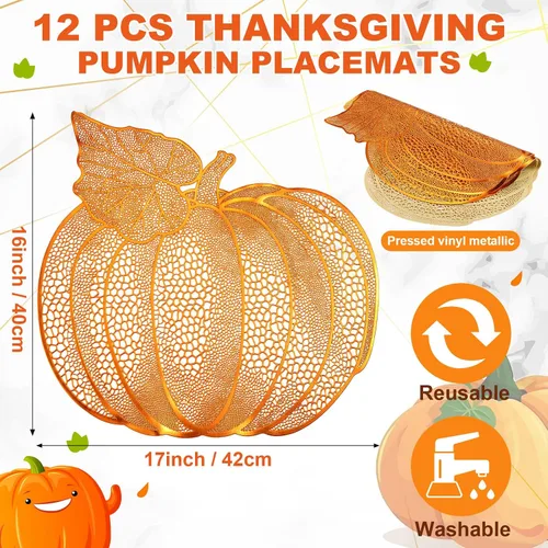 Vista 2 de Sliner Paquete de 12 manteles individuales de calabaza de Acción de Gracias de 17 x 16 pulgadas, de vinilo metálico prensado para otoño, decoración