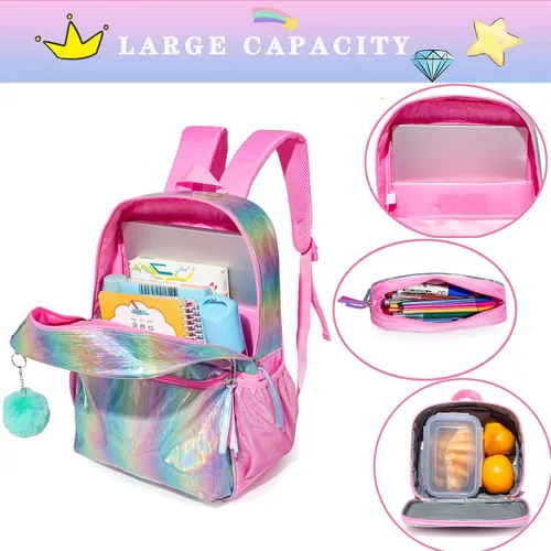 Vista 5 de HTgroce Mochila para niñas de primaria para estudiantes, juego de mochila escolar para niñas, bolsa de libros preescolar con lonchera y estuche
