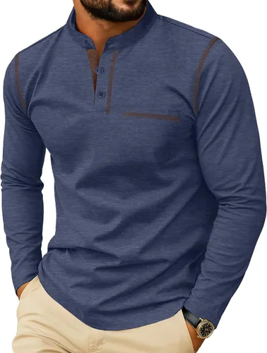 Vista 7 de Sailwind Camisetas Henley para hombre de manga larga con botones, estilo casual, elegante, de algodón, con bolsillo