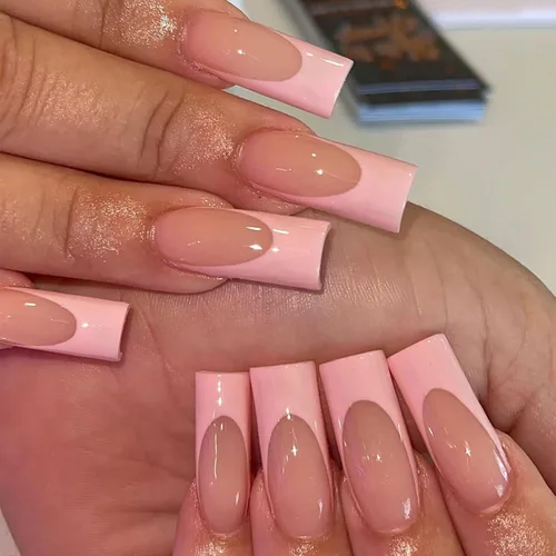 Vista 16 de 24 uñas postizas a presión de punta francesa negra, uñas postizas largas cuadradas, color rosa, cobertura completa, con diamantes de imitación, L1.
