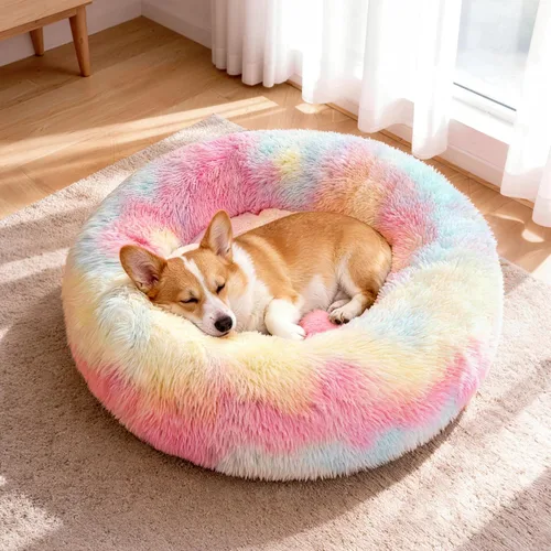Vista 12 de Cama para perros en forma de dona, tamaño mediano, camas redondas para perros y gatos pequeños y medianos con piel sintética esponjosa lavable, cama