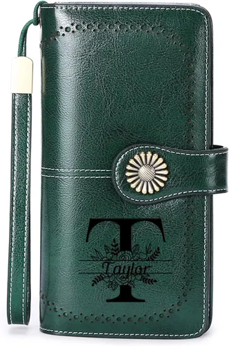 Vista 13 de Cartera de pulsera personalizada, carteras con nombre grabado personalizado con bloqueo RFID, gran capacidad, cartera de mano para tarjetas de Cuero