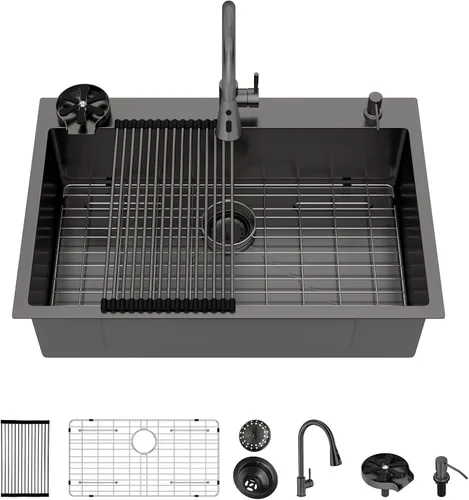 Vista 25 de Fregadero de barra dorada con grifo, fregaderos de barra de acero inoxidable de 15 x 17 pulgadas, estación de trabajo para interiores y exteriores