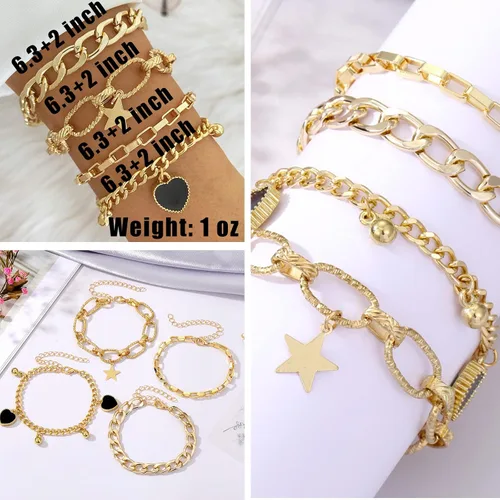Vista 7 de IFKM 6 PACK (24 PCS) Boho Gold Chain Bracelets Set for Women Girls, 14K Gold Plated Multiple Layered Stackable Open Cuff Wrap Bangle Adjustable Link