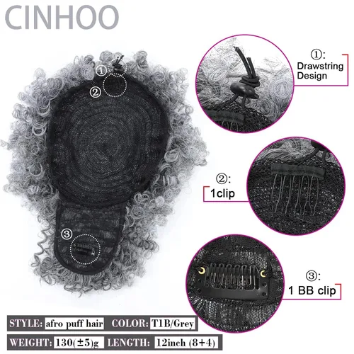Vista 5 de CINHOO Extensiones de cabello con cola de caballo gris para mujeres negras, cola de caballo sintética con cordón, cola de caballo sintética corta