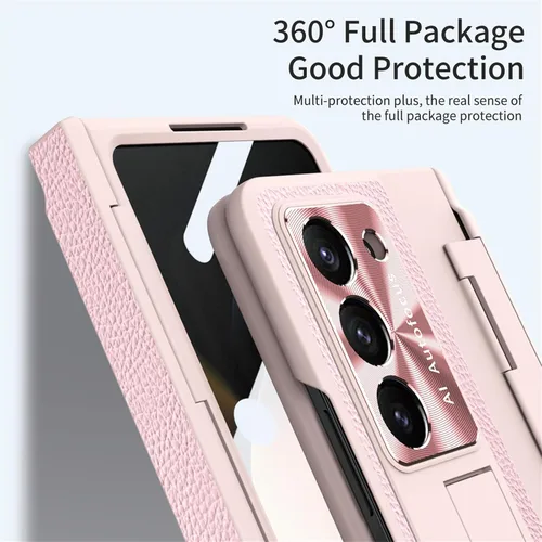 Vista 4 de Z Fold 5 - Funda de piel ZFold5 con soporte, compatible con Samsung Galaxy Z Fold 5 2023 (rosa)
