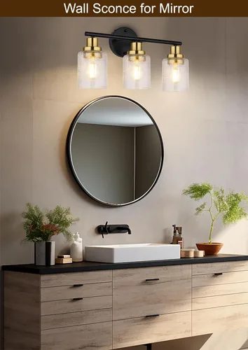 Vista 8 de Ldeco Luces de tocador de 3 luces para baño, lámpara de baño negra y dorada con pantalla de vidrio transparente de burbujas, luces modernas