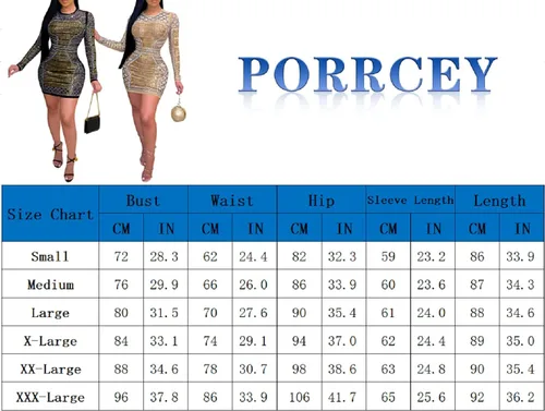 Vista 6 de PORRCEY - Vestido de noche sexy con manga larga y diamantes de imitación para mujer, fiestas y discotecas
