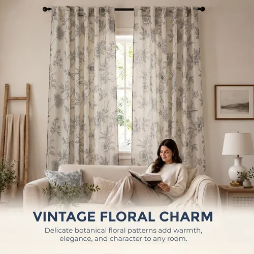 Vista 2 de HLC.ME Brookville - Cortinas de lino con estampado floral, con bolsillo trasero y pestaña trasera, paneles de cortina para dormitorio, comedor