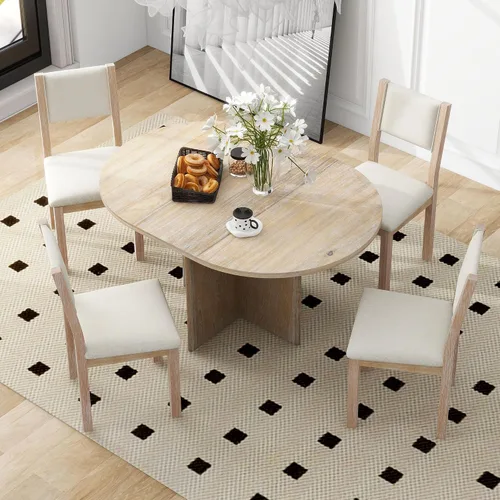 Vista 14 de Juego de mesa de comedor funcional retro de 5 piezas, mesa de comedor redonda extensible de madera y 4 sillas de comedor tapizadas para restaurante