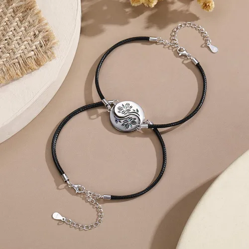Vista 3 de Yin Yang - Pulsera de plata de ley 925 para parejas, árbol de la vida, luna de sol, montaña, abulón de loto, joyería para mujeres, hombres, parejas