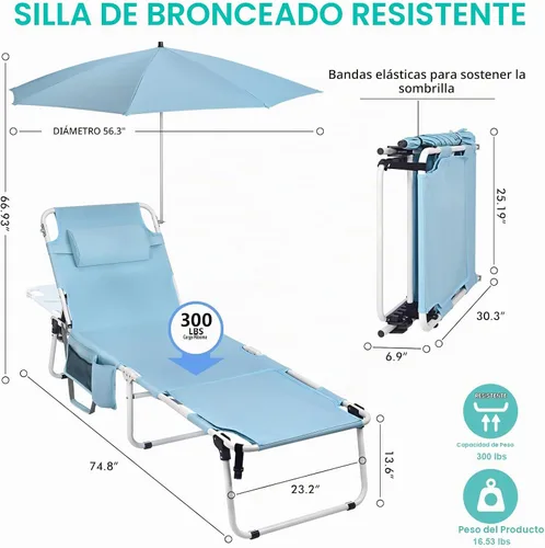 Vista 2 de Silla de bronceado con paraguas UPF 50+ ajustable, tumbona plegable resistente para exteriores, reclinable, 5 posiciones, para tomar el sol, tomar
