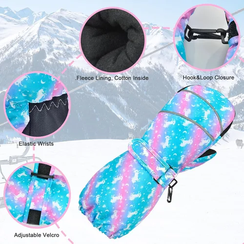 Vista 3 de AuSletie Guantes de invierno impermeables para niños, guantes de esquí para la nieve para niñas, guantes de snowboard cálidos con forro de sherpa