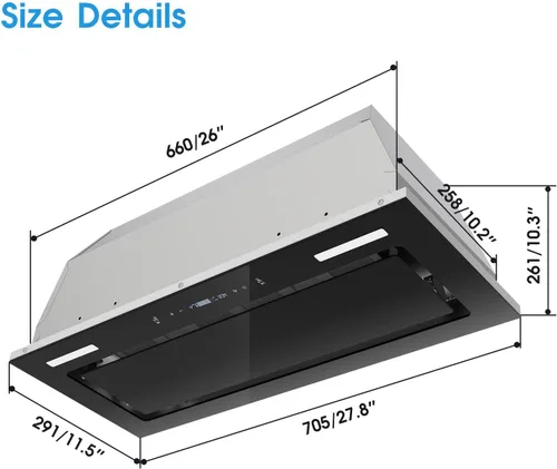 Vista 7 de JOEAONZ Campana de Ventilación Integrada de 30 Pulgadas 800 CFM, Campana de Ventilación Integrada de Vidrio Negro con Control por Gesto y Tacto
