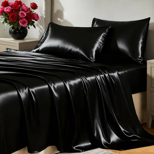 Vista 12 de Juego de sábanas de satén CozyLux de microfibra sedosa con bolsillo profundo, sábana bajera plana y fundas de almohada, suave y suave