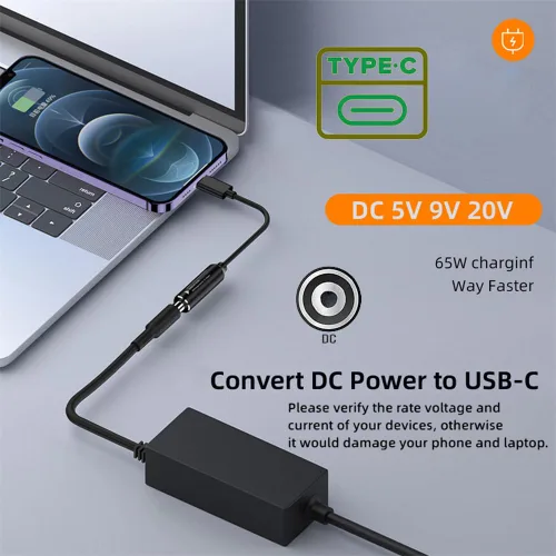 Vista 3 de cablecc 0.098x0.028 in Entrada DC Jack a USB-C Tipo-C Cable de carga de enchufe de alimentación para PD 9V 15V 20V 65W Teléfono portátil