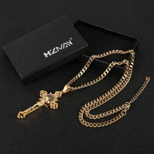 Vista 6 de HZMAN Religión Acero Inoxidable Saint St. Benedict Crucifijo Cruz Colgante Collar INRI