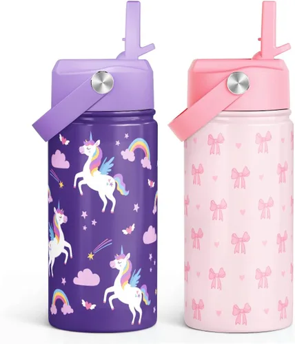 Vista 11 de SANDJEST Botella de Agua para Niños con Tapa de Pajita - 12 Oz Botella de Acero Inoxidable Aislada con Dibujo de Animales para Niños y Niñas - Taza