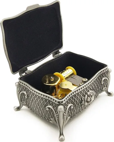 Vista 3 de Caja de música de metal de aleación en relieve, caja de música con movimiento dorado para Navidad, regalos únicos para mamá/papá/hija/hijo