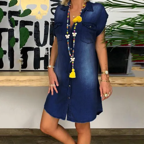 Vista 2 de Vestido de mezclilla para mujer, de manga corta, desgastado, vestido de mezclilla midi con vuelo, suelto, con botones, casual, túnica