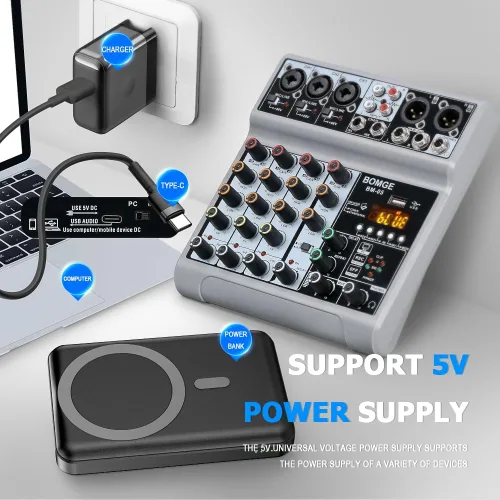 Vista 7 de BOMGE Mezclador de audio, consola de mezcla de tablero de sonido con 5 canales digitales USB Bluetooth, efecto de eco y retardo, alimentación