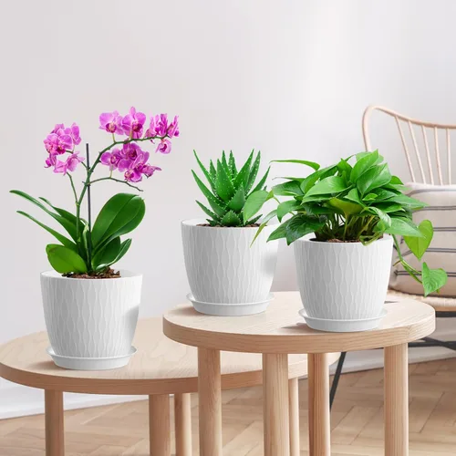 Vista 6 de WSMKSZ Macetas de 7 pulgadas, paquete de 5 macetas con agujeros de drenaje y platillos para plantas de interior, macetas de plástico con ondas