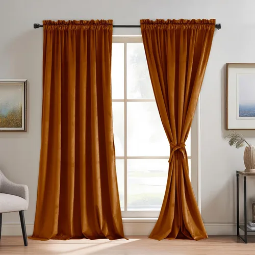 Vista 22 de JIUZHEN Cortinas de terciopelo beige de 63 pulgadas de ancho x 63 pulgadas de largo, cortinas de terciopelo retro suaves con bolsillo para barra