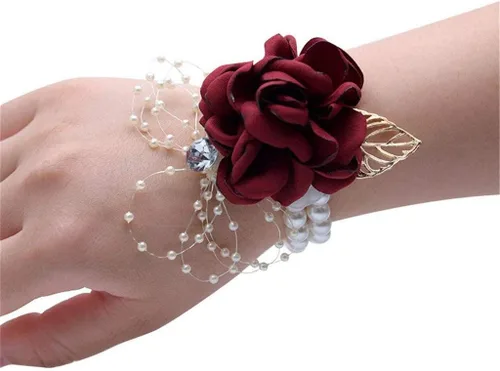 Vista 5 de Ramillete de muñeca para dama de honor para niña, flor de muñeca de seda nupcial con cuentas de perlas de imitación, pulsera elástica de hoja de oro