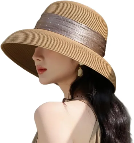 Vista 7 de Sombrero de playa para mujer, sombrero de paja de ala ancha para mujer, gorra de ala ancha flexible con protección UV UPF 50+ Beige