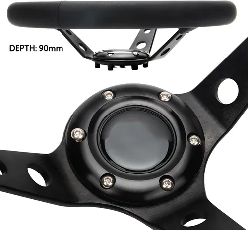 Vista 4 de Volante universal de carreras de 6 pernos 320mm 12.5" de cuero genuino negro con agarre, marco de aluminio, volante deportivo de llanta profunda