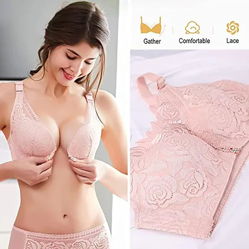 Vista 5 de Floral Secrets Comfort Rose Bra - Brasier con cierre frontal de encaje cómodo, sin alambre, brasier sin varillas y sin costuras
