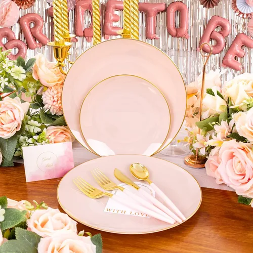 Vista 5 de Liacere 150 platos de plástico, cubiertos de plástico dorado con mango rosa, platos desechables color rosa incluyen 30 platos, tenedores, cucharas