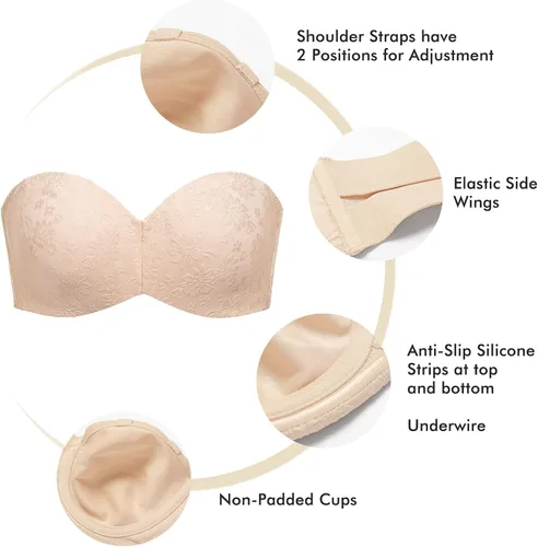 Vista 4 de DELIMIRA Women's Strapless Jacquard Minimizer Bra Plus Size Underwire Non-Padded