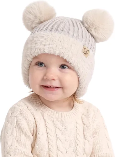 Vista 7 de C.C Gorro de Bebé con Doble Pompón de Piel con Orejeras para Niños y Niñas - Gorro de Punto Skully Cómodo, Suave y Cálido para Bebés, Niños Pequeños